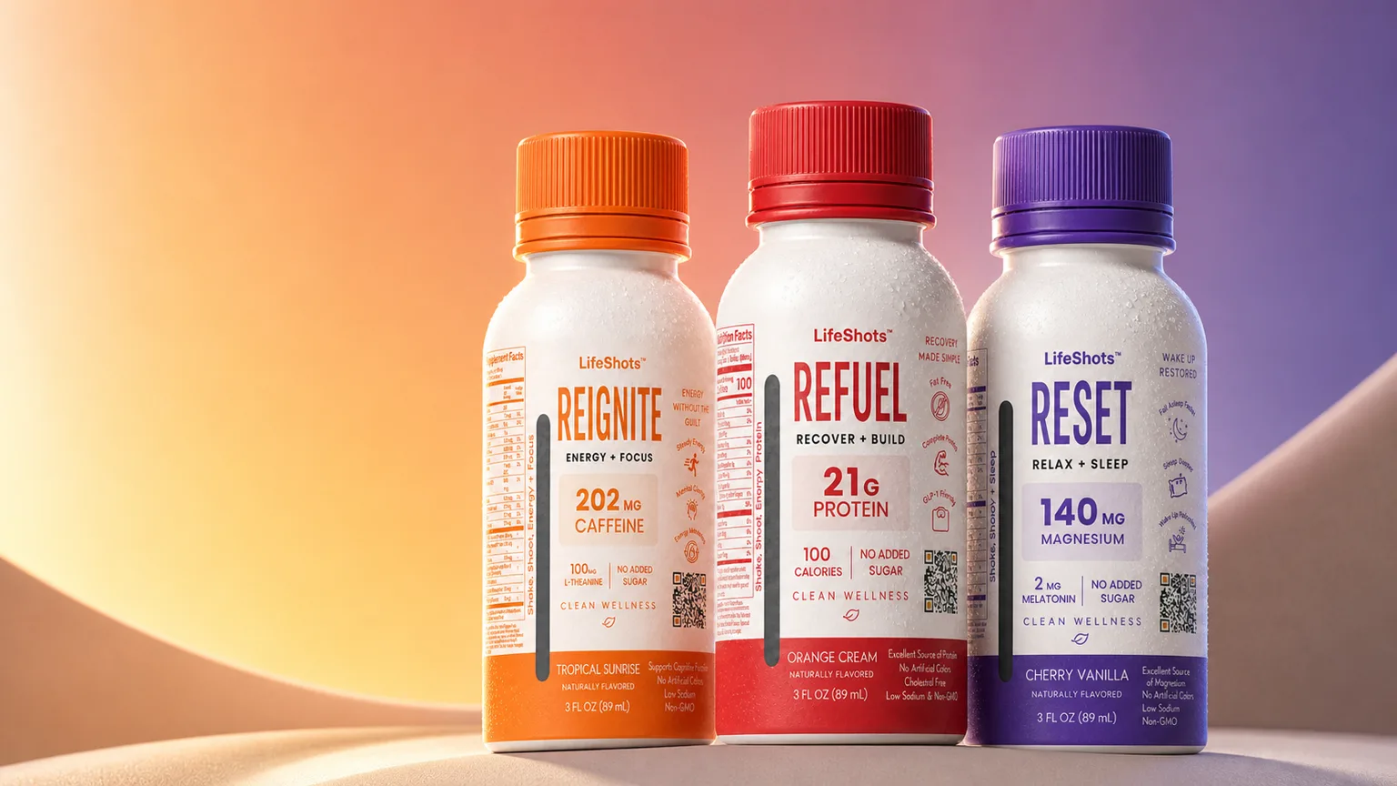 LIFESHOTS energy, recovery and sleep shots LIFESHOTS energy, recovery and sleep shots: ReIgnite tropical energy, ReFuel orange cream protein and ReSet cherry vanilla sleep support in 3 oz bottles